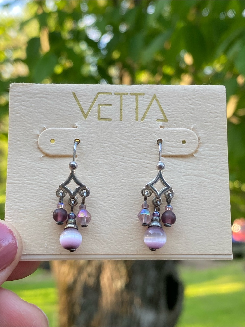 VTG VETTA Purple Lavender Cat’s eye + Plum Bead Drop Chandelier Dangle Earrings